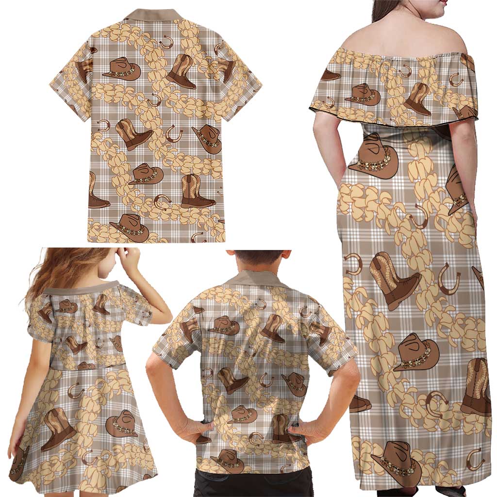 Khaki Palaka Hawaii Cowboy Family Matching Off Shoulder Maxi Dress and Hawaiian Shirt Puakenikeni Lei Paniolo Papale Seamless Vibes - Polynesian Pride