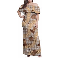 Khaki Palaka Hawaii Cowboy Family Matching Off Shoulder Maxi Dress and Hawaiian Shirt Puakenikeni Lei Paniolo Papale Seamless Vibes - Polynesian Pride