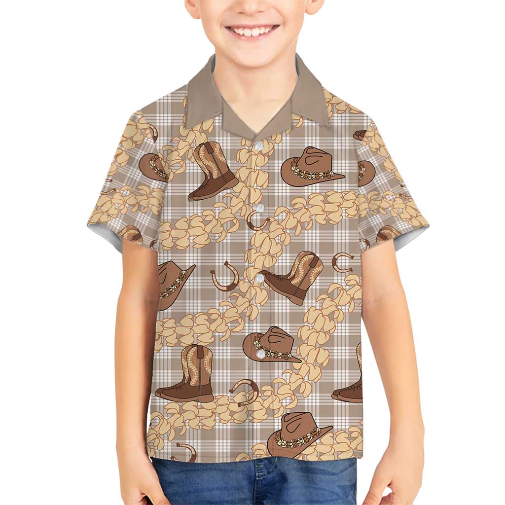 Khaki Palaka Hawaii Cowboy Family Matching Off Shoulder Maxi Dress and Hawaiian Shirt Puakenikeni Lei Paniolo Papale Seamless Vibes - Polynesian Pride