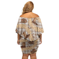 Khaki Palaka Hawaii Cowboy Family Matching Off Shoulder Short Dress and Hawaiian Shirt Puakenikeni Lei Paniolo Papale Seamless Vibes - Polynesian Pride