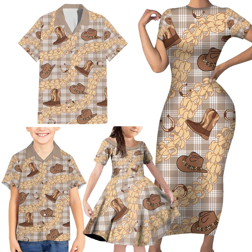 Khaki Palaka Hawaii Cowboy Family Matching Short Sleeve Bodycon Dress and Hawaiian Shirt Puakenikeni Lei Paniolo Papale Seamless Vibes LT14 - Polynesian Pride