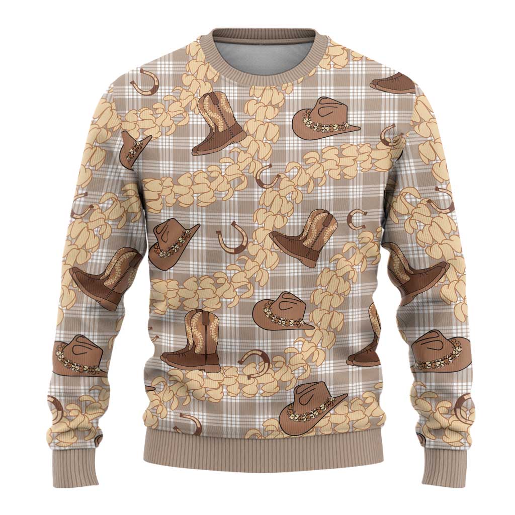 Khaki Palaka Hawaii Cowboy Ugly Christmas Sweater Puakenikeni Lei Paniolo Papale Seamless Vibes - Polynesian Pride