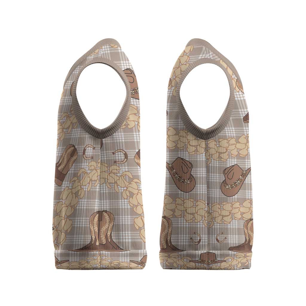 Khaki Palaka Hawaii Cowboy Christmas Knitted V-Neck Vest Puakenikeni Lei Paniolo Papale Seamless Vibes - Polynesian Pride