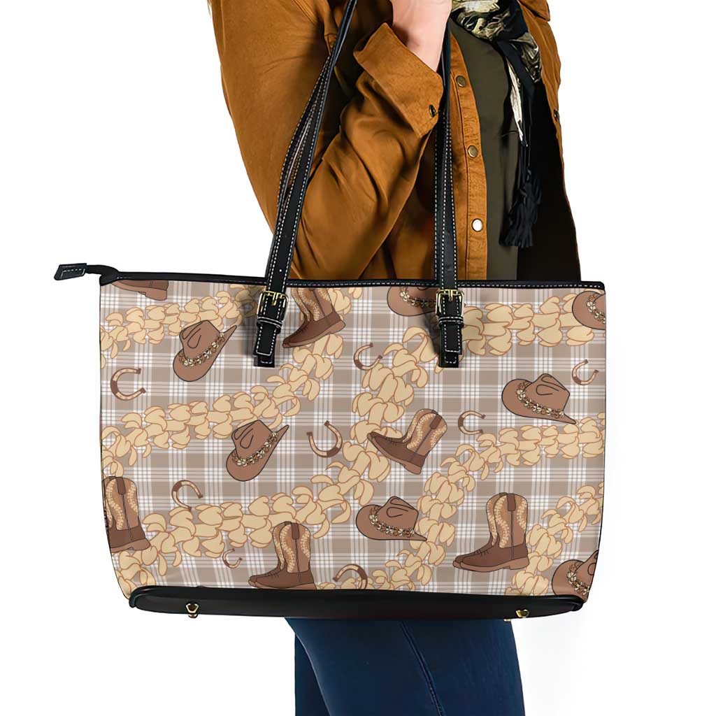 Khaki Palaka Hawaii Cowboy Leather Tote Bag Puakenikeni Lei Paniolo Papale Seamless Vibes - Polynesian Pride