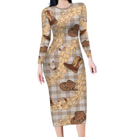Khaki Palaka Hawaii Cowboy Long Sleeve Bodycon Dress Puakenikeni Lei Paniolo Papale Seamless Vibes - Polynesian Pride