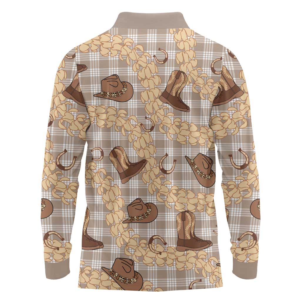 Khaki Palaka Hawaii Cowboy Long Sleeve Polo Shirt Puakenikeni Lei Paniolo Papale Seamless Vibes - Polynesian Pride