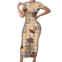 Khaki Palaka Hawaii Cowboy Short Sleeve Bodycon Dress Puakenikeni Lei Paniolo Papale Seamless Vibes LT14 Long Dress Khaki - Polynesian Pride