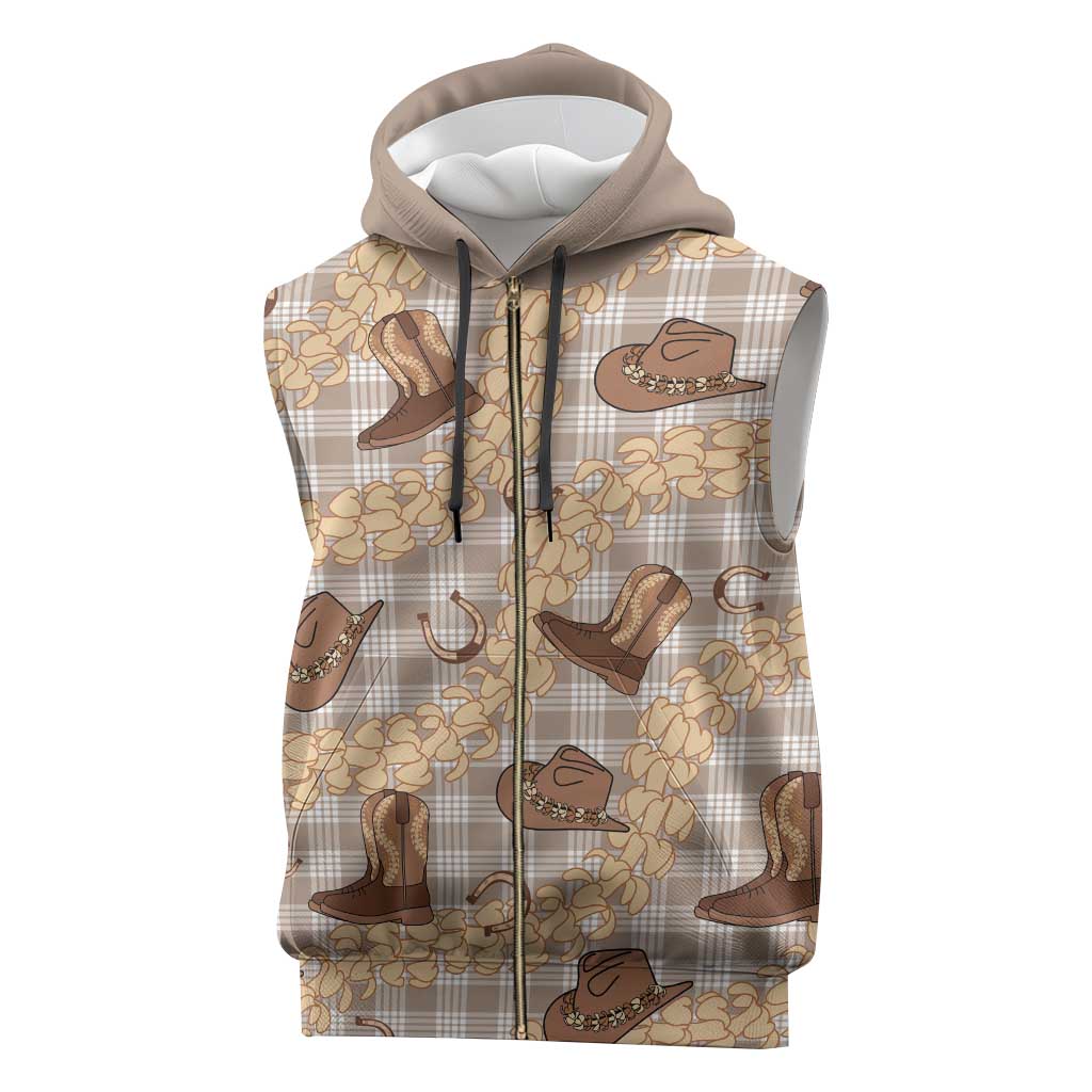Khaki Palaka Hawaii Cowboy Sleeveless Zip Hoodie Puakenikeni Lei Paniolo Papale Seamless Vibes - Polynesian Pride