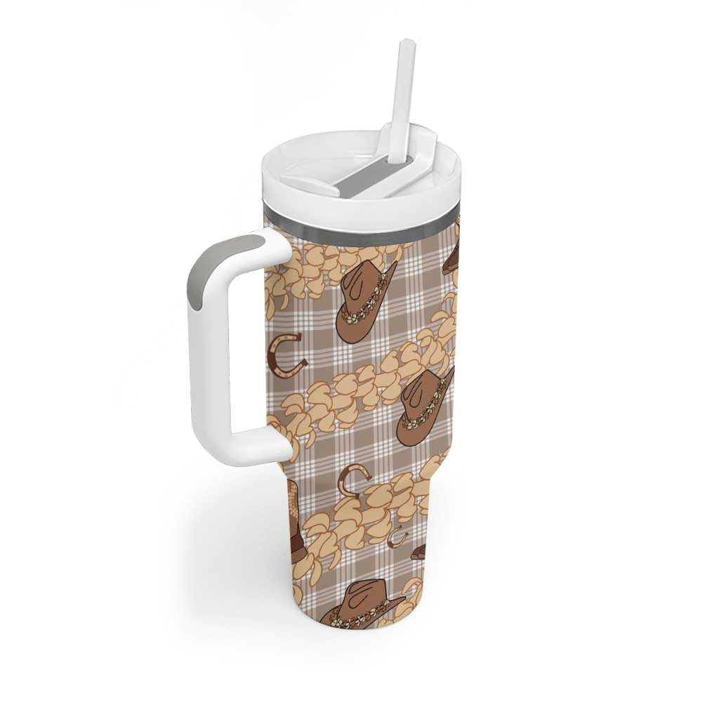 Khaki Palaka Hawaii Cowboy Tumbler With Handle Puakenikeni Lei Paniolo Papale Seamless Vibes - Polynesian Pride