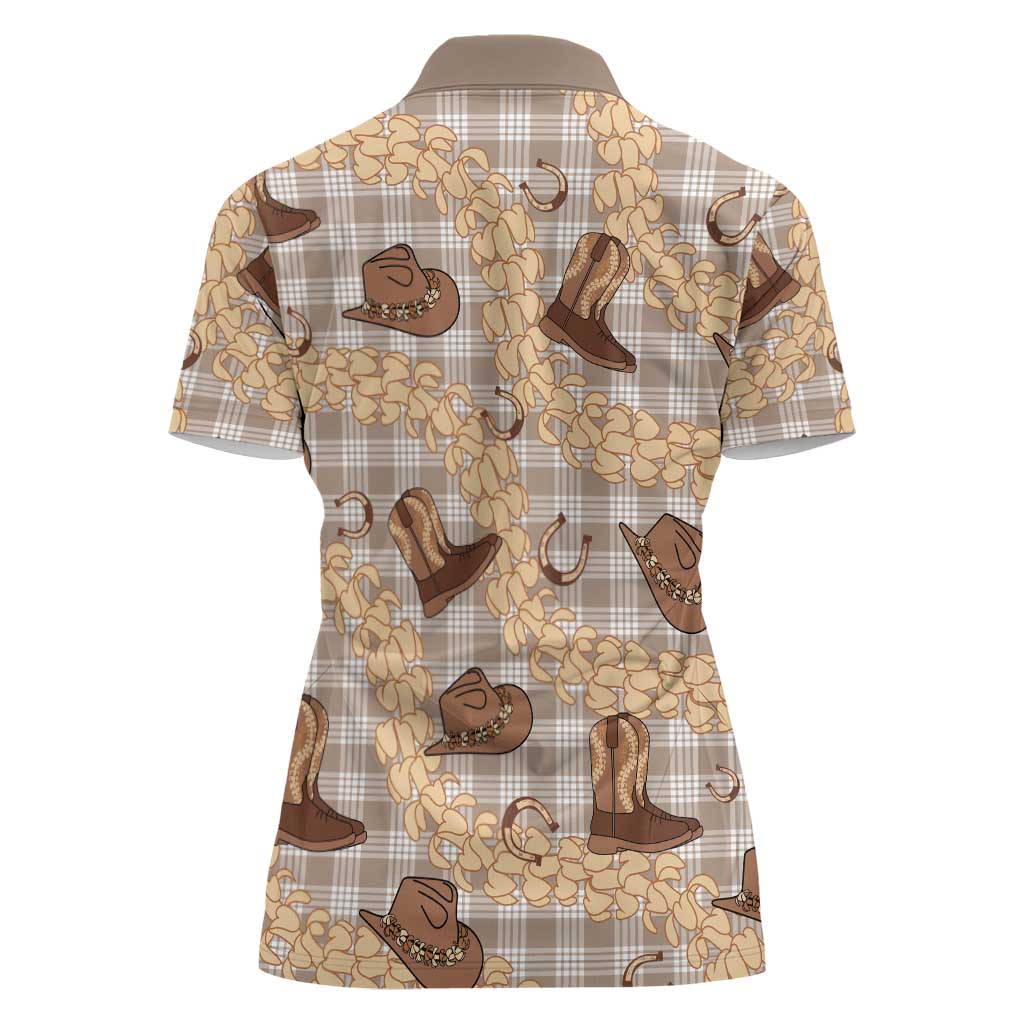 Khaki Palaka Hawaii Cowboy Women Polo Shirt Puakenikeni Lei Paniolo Papale Seamless Vibes LT14 - Polynesian Pride