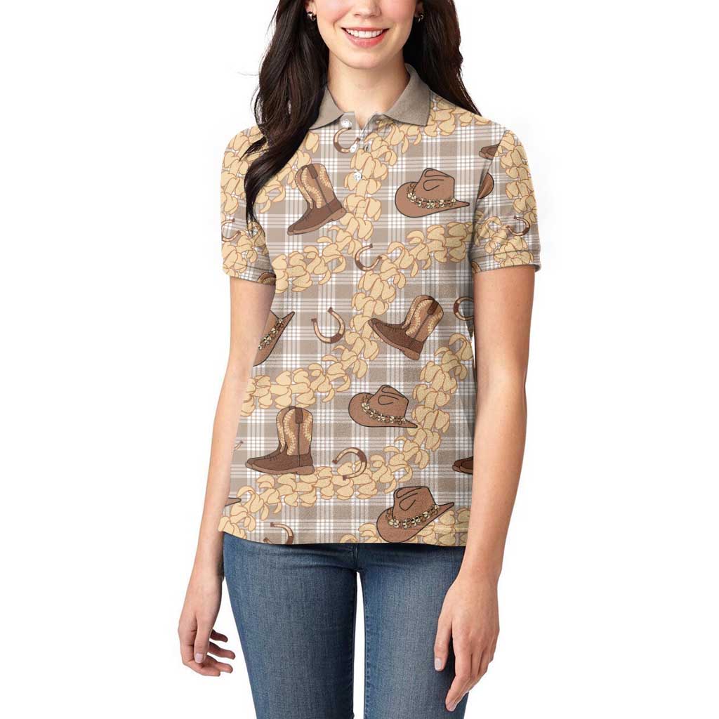 Khaki Palaka Hawaii Cowboy Women Polo Shirt Puakenikeni Lei Paniolo Papale Seamless Vibes LT14 - Polynesian Pride