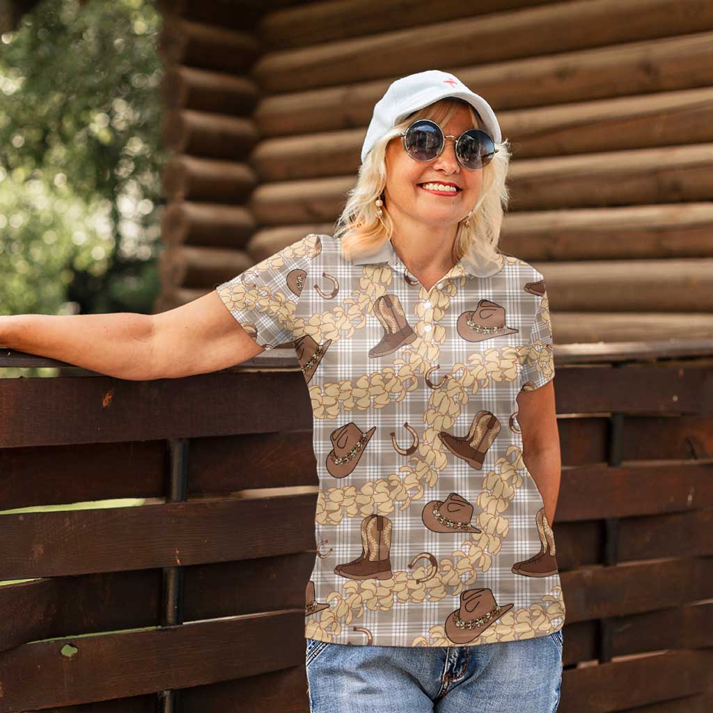Khaki Palaka Hawaii Cowboy Women Polo Shirt Puakenikeni Lei Paniolo Papale Seamless Vibes LT14 - Polynesian Pride