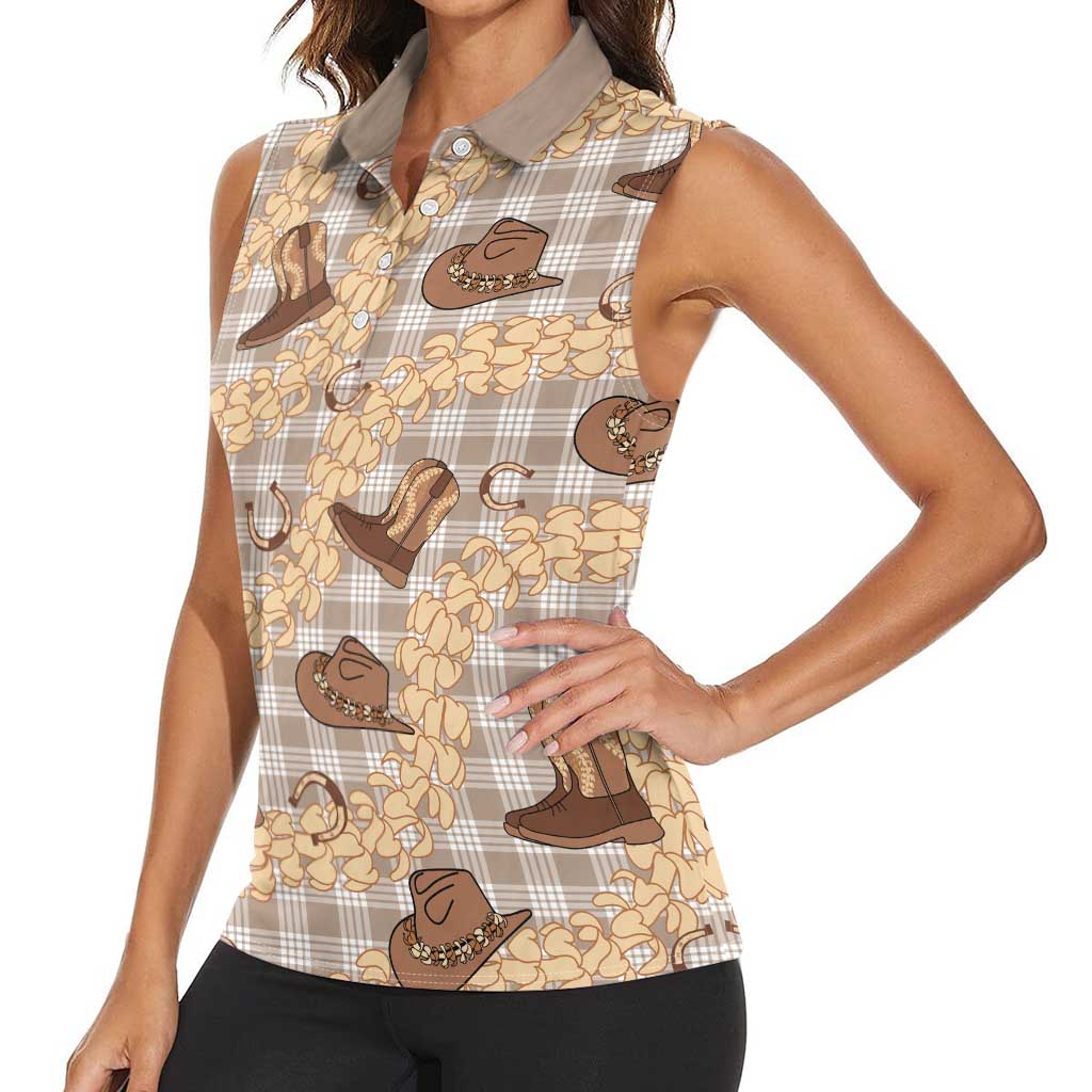 Khaki Palaka Hawaii Cowboy Women Sleeveless Polo Shirt Puakenikeni Lei Paniolo Papale Seamless Vibes LT14 - Polynesian Pride