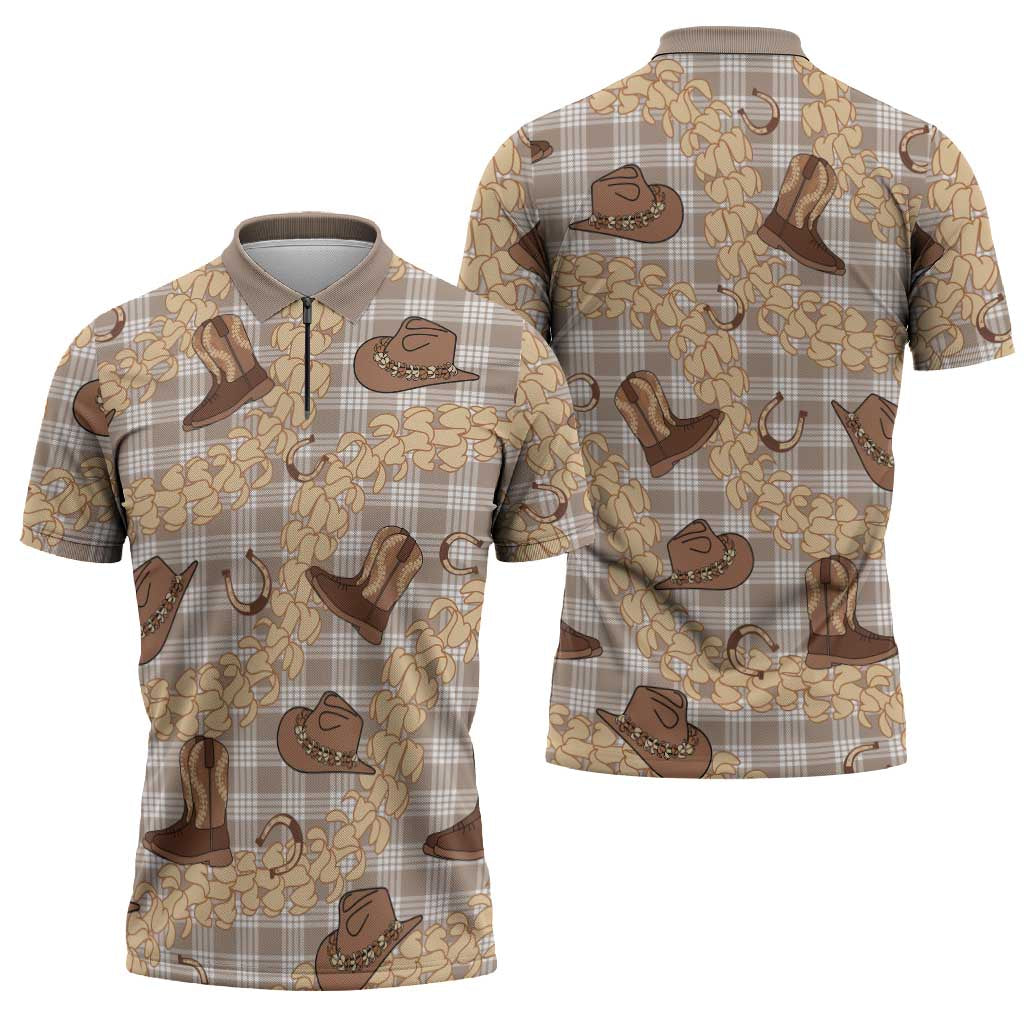 Khaki Palaka Hawaii Cowboy Zipper Polo Shirt Puakenikeni Lei Paniolo Papale Seamless Vibes - Polynesian Pride
