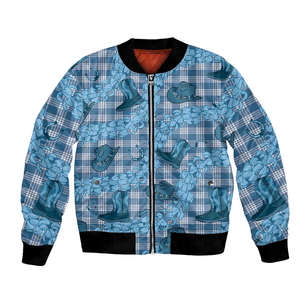 Cyan Palaka Hawaii Cowboy Bomber Jacket Puakenikeni Lei Paniolo Papale Seamless Vibes - Polynesian Pride