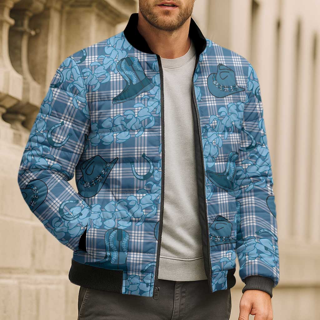 Cyan Palaka Hawaii Cowboy Bomber Puffer Jacket Puakenikeni Lei Paniolo Papale Seamless Vibes - Polynesian Pride