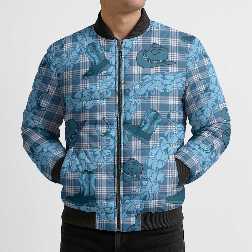 Cyan Palaka Hawaii Cowboy Bomber Puffer Jacket Puakenikeni Lei Paniolo Papale Seamless Vibes - Polynesian Pride