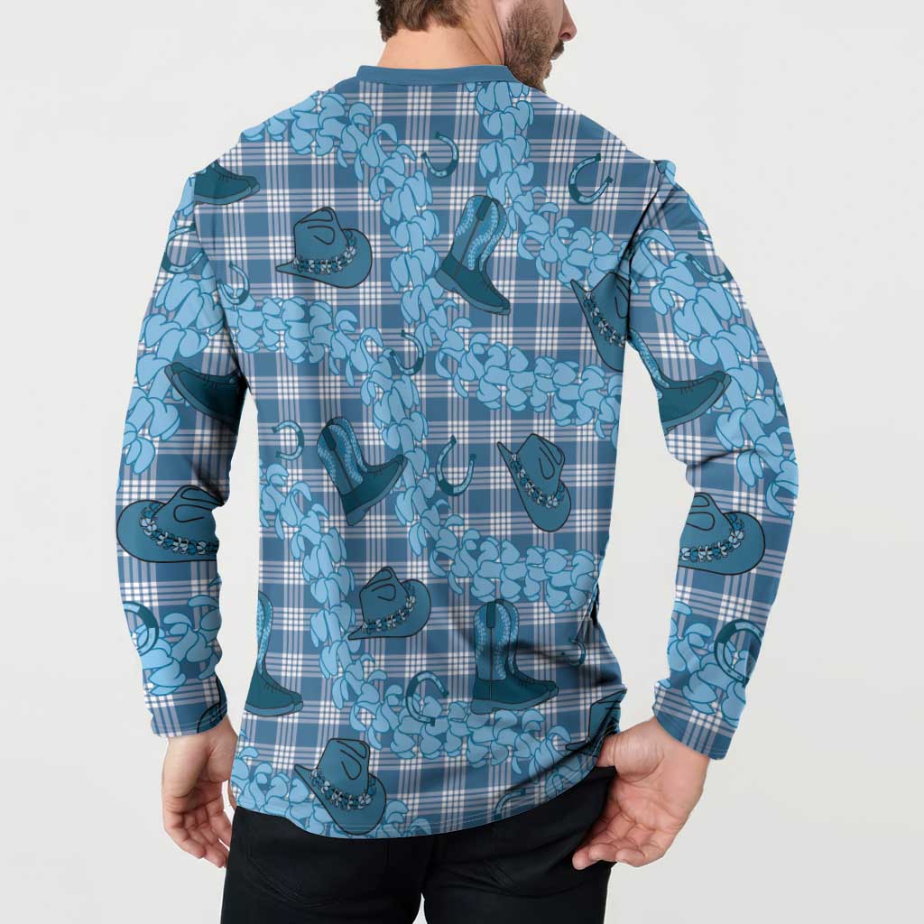 Cyan Palaka Hawaii Cowboy Button Sweatshirt Puakenikeni Lei Paniolo Papale Seamless Vibes - Polynesian Pride