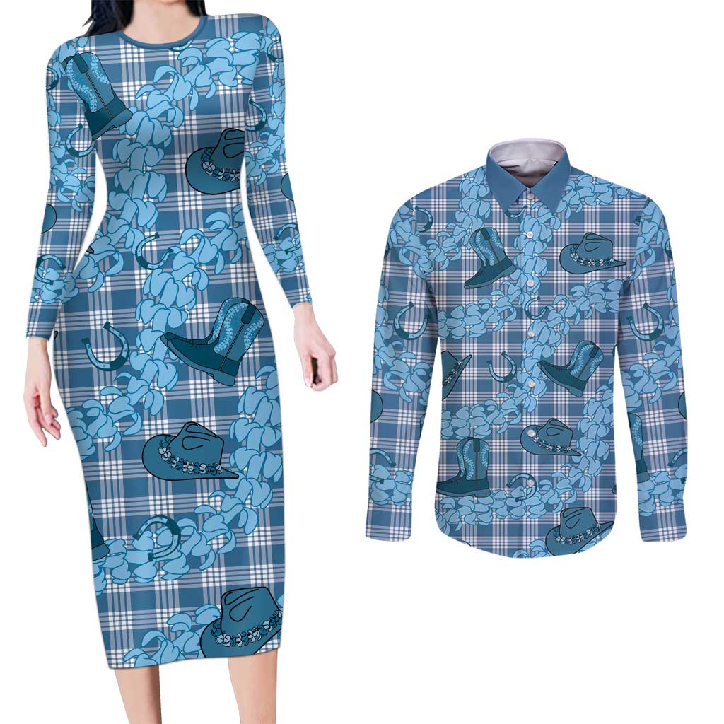 Cyan Palaka Hawaii Cowboy Couples Matching Long Sleeve Bodycon Dress and Long Sleeve Button Shirt Puakenikeni Lei Paniolo Papale Seamless Vibes - Polynesian Pride