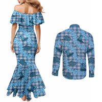 Cyan Palaka Hawaii Cowboy Couples Matching Mermaid Dress and Long Sleeve Button Shirt Puakenikeni Lei Paniolo Papale Seamless Vibes - Polynesian Pride
