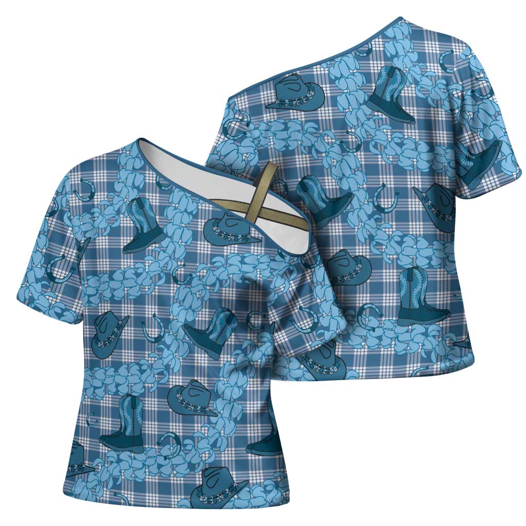 Cyan Palaka Hawaii Cowboy Cross Shoulder Shirt Puakenikeni Lei Paniolo Papale Seamless Vibes - Polynesian Pride