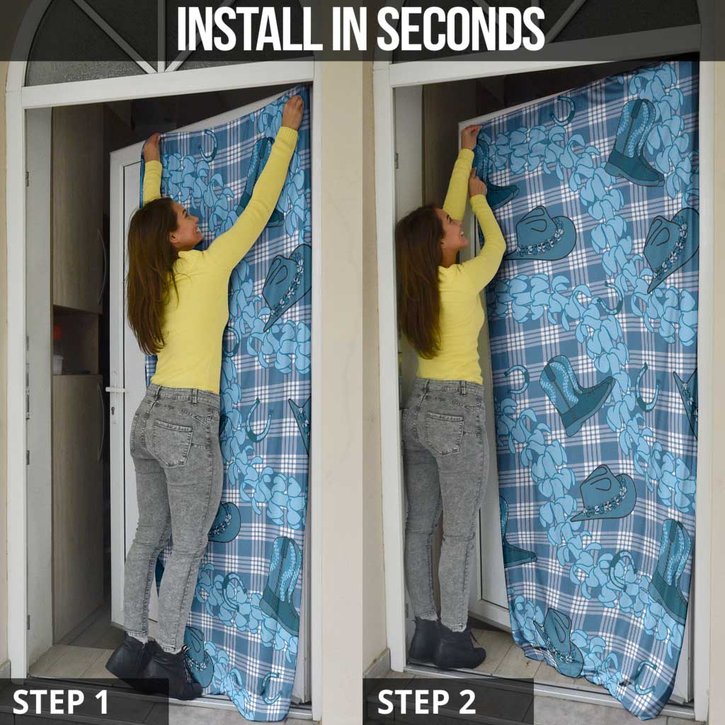 Cyan Palaka Hawaii Cowboy Door Cover Puakenikeni Lei Paniolo Papale Seamless Vibes - Polynesian Pride