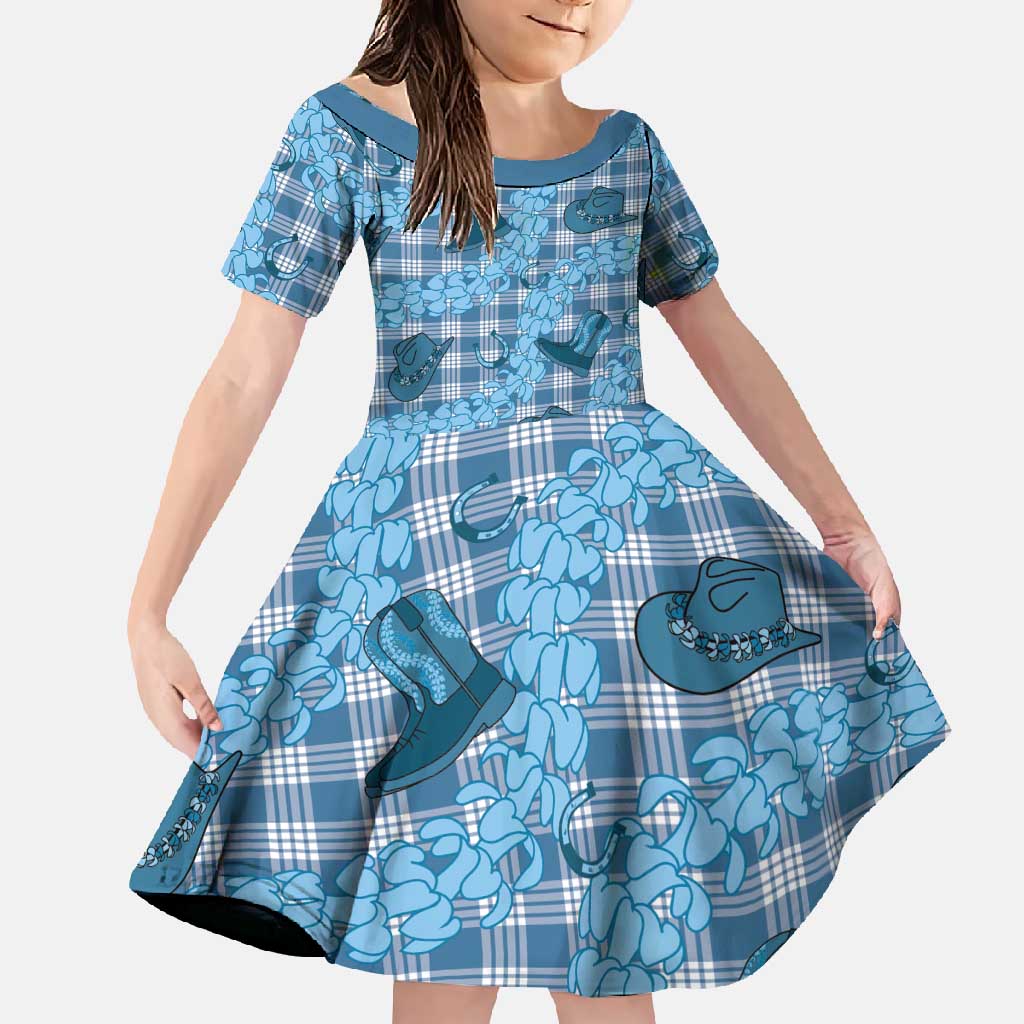 Cyan Palaka Hawaii Cowboy Family Matching Long Sleeve Bodycon Dress and Hawaiian Shirt Puakenikeni Lei Paniolo Papale Seamless Vibes LT14 Daughter's Dress Cyan - Polynesian Pride