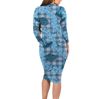 Cyan Palaka Hawaii Cowboy Family Matching Long Sleeve Bodycon Dress and Hawaiian Shirt Puakenikeni Lei Paniolo Papale Seamless Vibes LT14 - Polynesian Pride