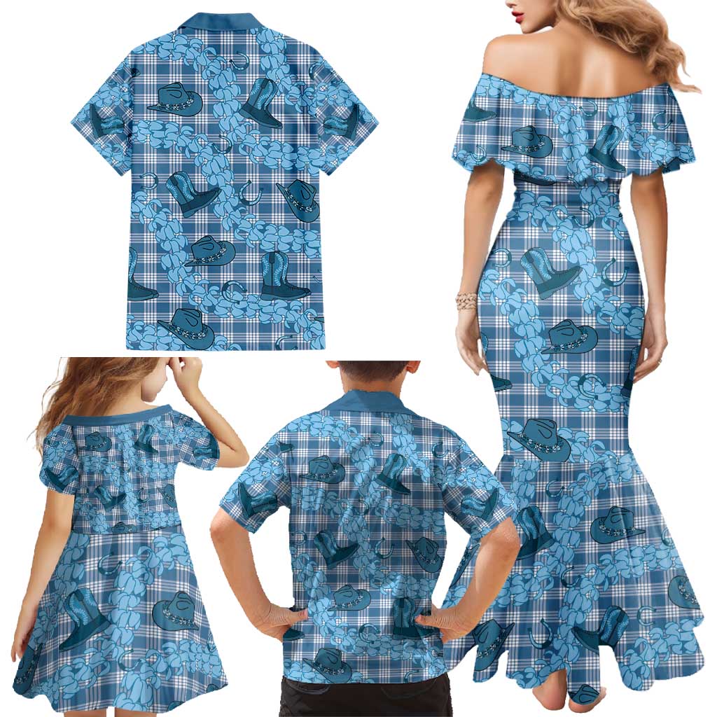 Cyan Palaka Hawaii Cowboy Family Matching Mermaid Dress and Hawaiian Shirt Puakenikeni Lei Paniolo Papale Seamless Vibes LT14 - Polynesian Pride