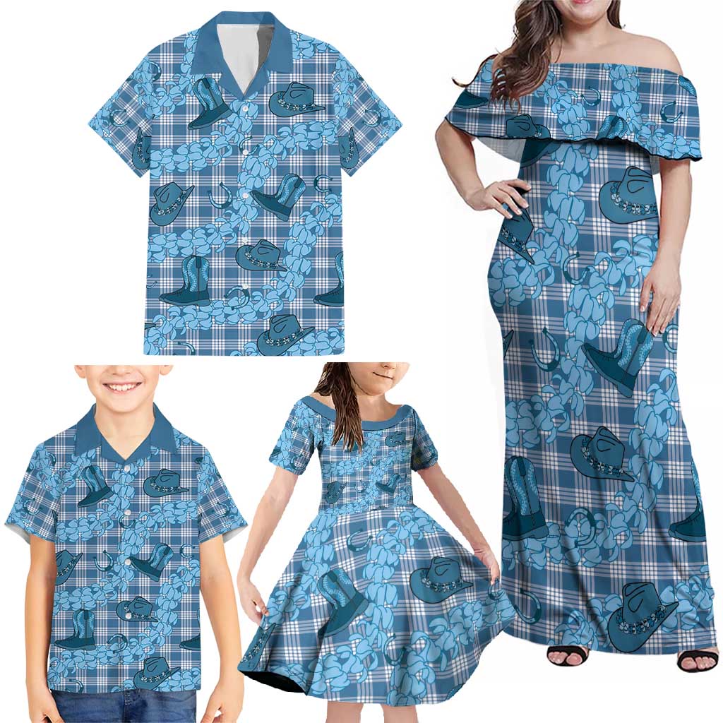 Cyan Palaka Hawaii Cowboy Family Matching Off Shoulder Maxi Dress and Hawaiian Shirt Puakenikeni Lei Paniolo Papale Seamless Vibes - Polynesian Pride