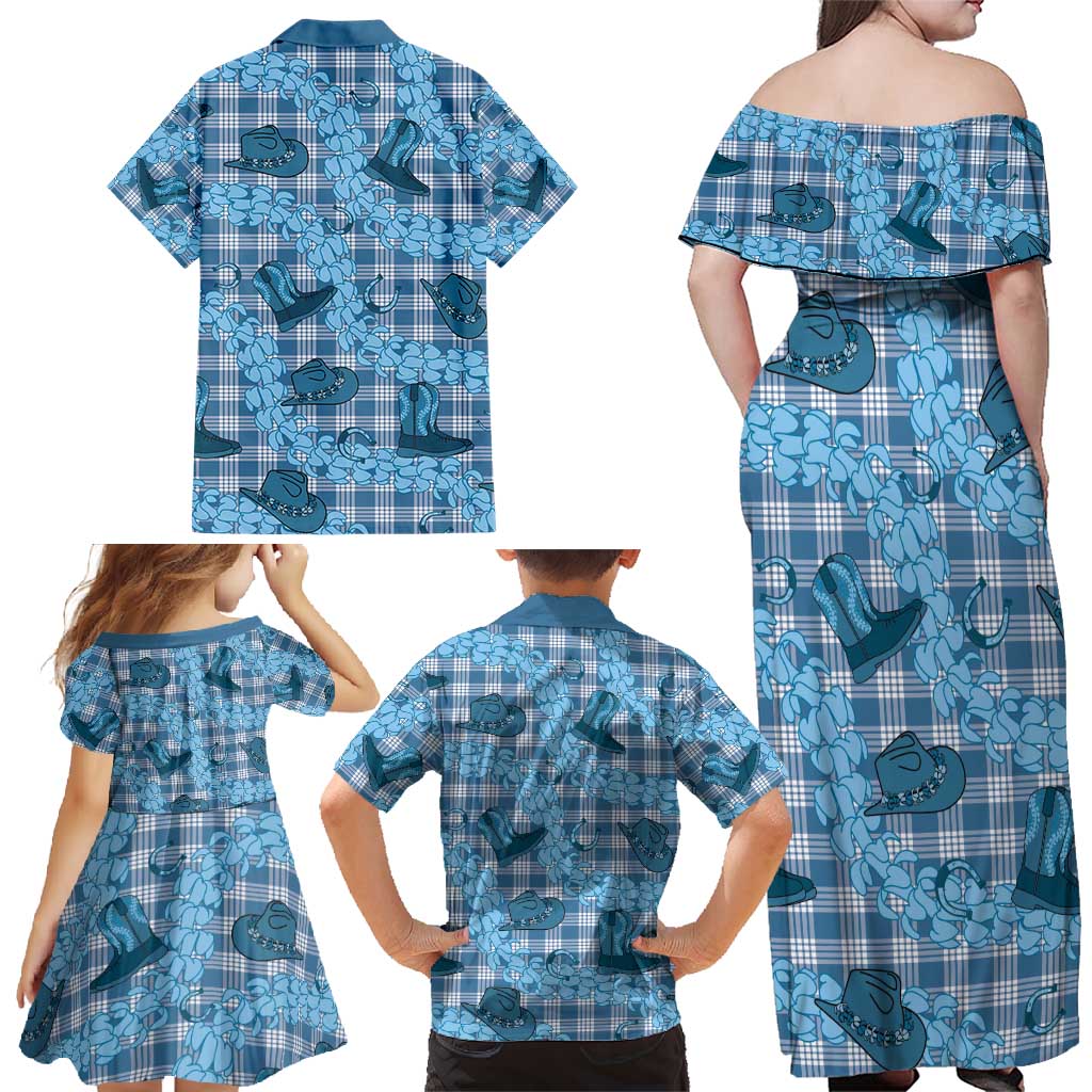Cyan Palaka Hawaii Cowboy Family Matching Off Shoulder Maxi Dress and Hawaiian Shirt Puakenikeni Lei Paniolo Papale Seamless Vibes - Polynesian Pride
