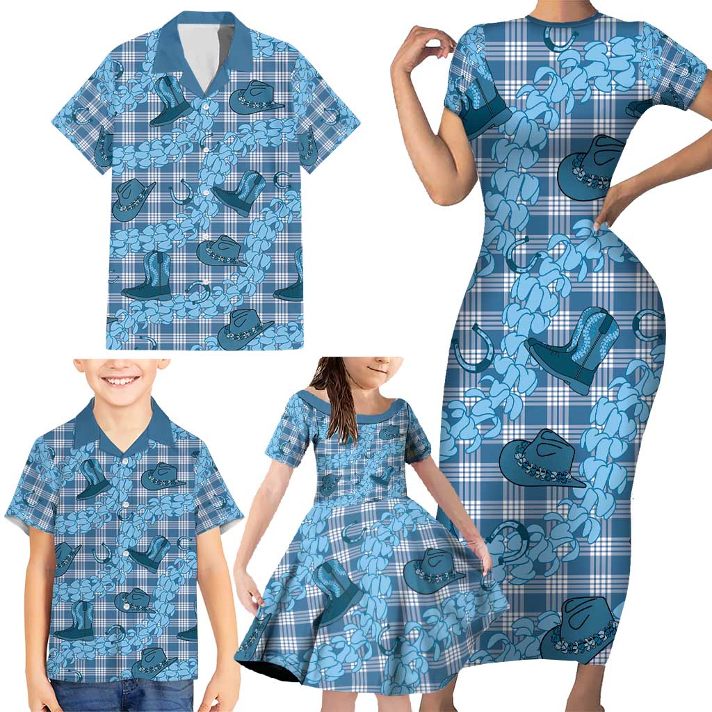 Cyan Palaka Hawaii Cowboy Family Matching Short Sleeve Bodycon Dress and Hawaiian Shirt Puakenikeni Lei Paniolo Papale Seamless Vibes - Polynesian Pride