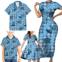 Cyan Palaka Hawaii Cowboy Family Matching Short Sleeve Bodycon Dress and Hawaiian Shirt Puakenikeni Lei Paniolo Papale Seamless Vibes LT14 - Polynesian Pride
