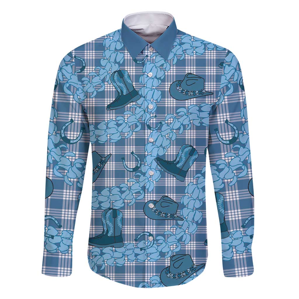 Cyan Palaka Hawaii Cowboy Family Matching Short Sleeve Bodycon Dress and Hawaiian Shirt Puakenikeni Lei Paniolo Papale Seamless Vibes LT14 Dad's Shirt - Long Sleeve Cyan - Polynesian Pride