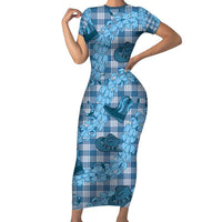 Cyan Palaka Hawaii Cowboy Family Matching Short Sleeve Bodycon Dress and Hawaiian Shirt Puakenikeni Lei Paniolo Papale Seamless Vibes LT14 Mom's Dress Cyan - Polynesian Pride