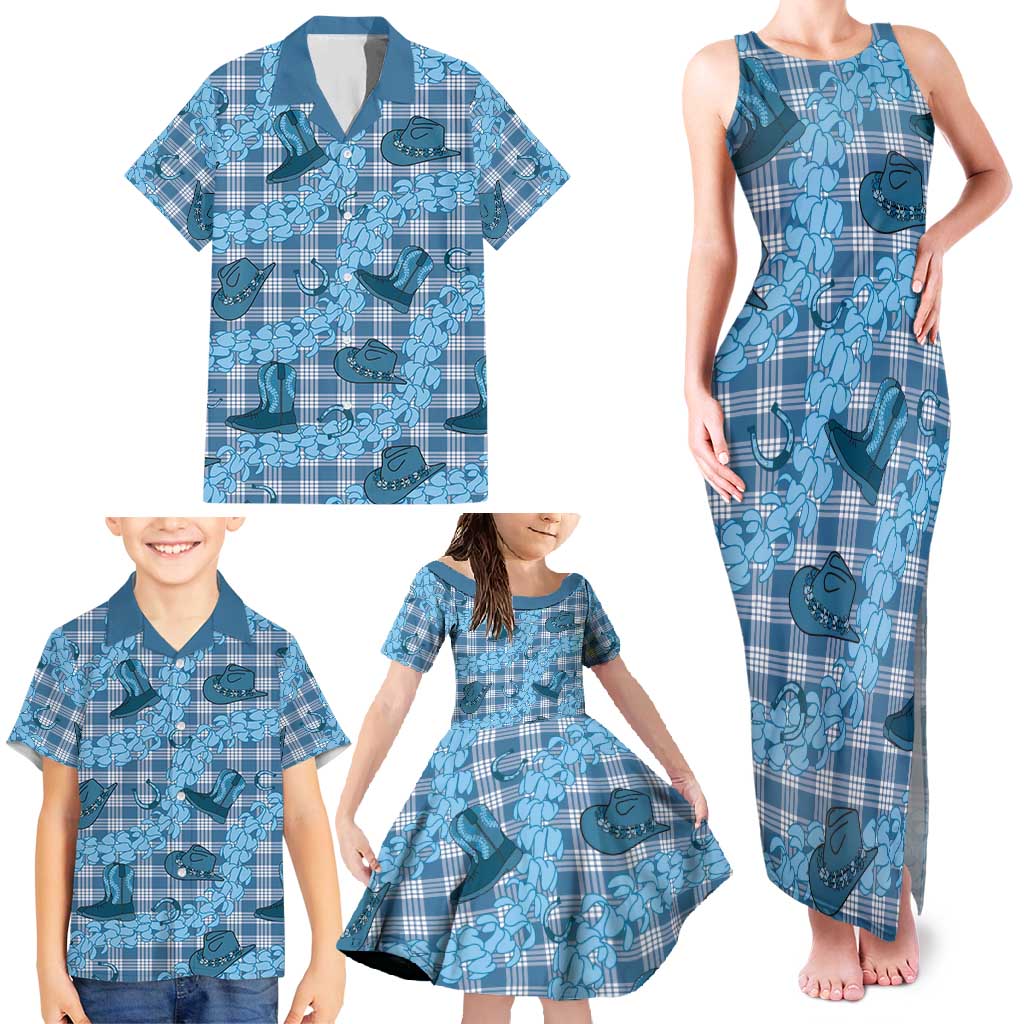 Cyan Palaka Hawaii Cowboy Family Matching Tank Maxi Dress and Hawaiian Shirt Puakenikeni Lei Paniolo Papale Seamless Vibes - Polynesian Pride