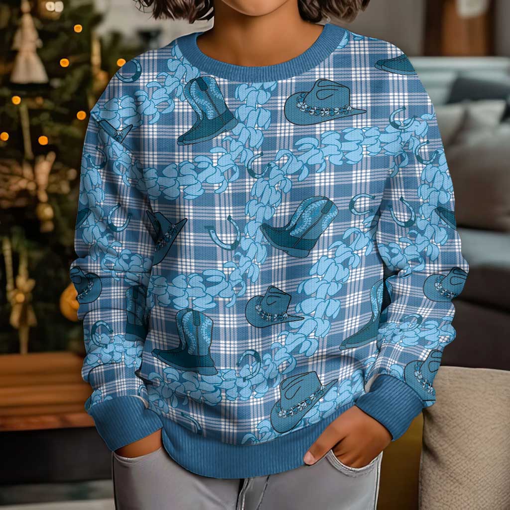 Cyan Palaka Hawaii Cowboy Kid Ugly Christmas Sweater Puakenikeni Lei Paniolo Papale Seamless Vibes LT14 - Polynesian Pride