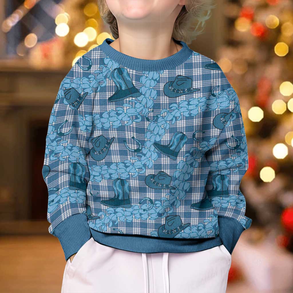 Cyan Palaka Hawaii Cowboy Kid Ugly Christmas Sweater Puakenikeni Lei Paniolo Papale Seamless Vibes LT14 - Polynesian Pride