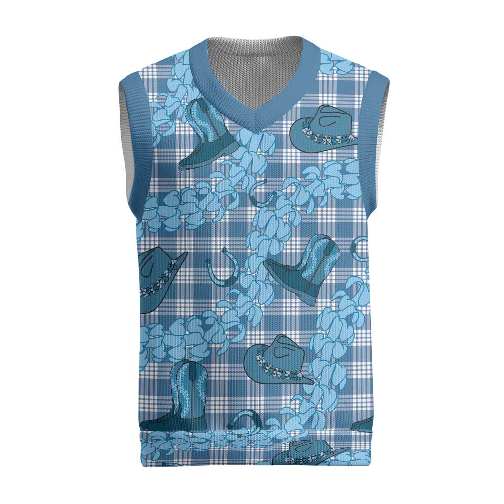 Cyan Palaka Hawaii Cowboy Christmas Knitted V-Neck Vest Puakenikeni Lei Paniolo Papale Seamless Vibes - Polynesian Pride