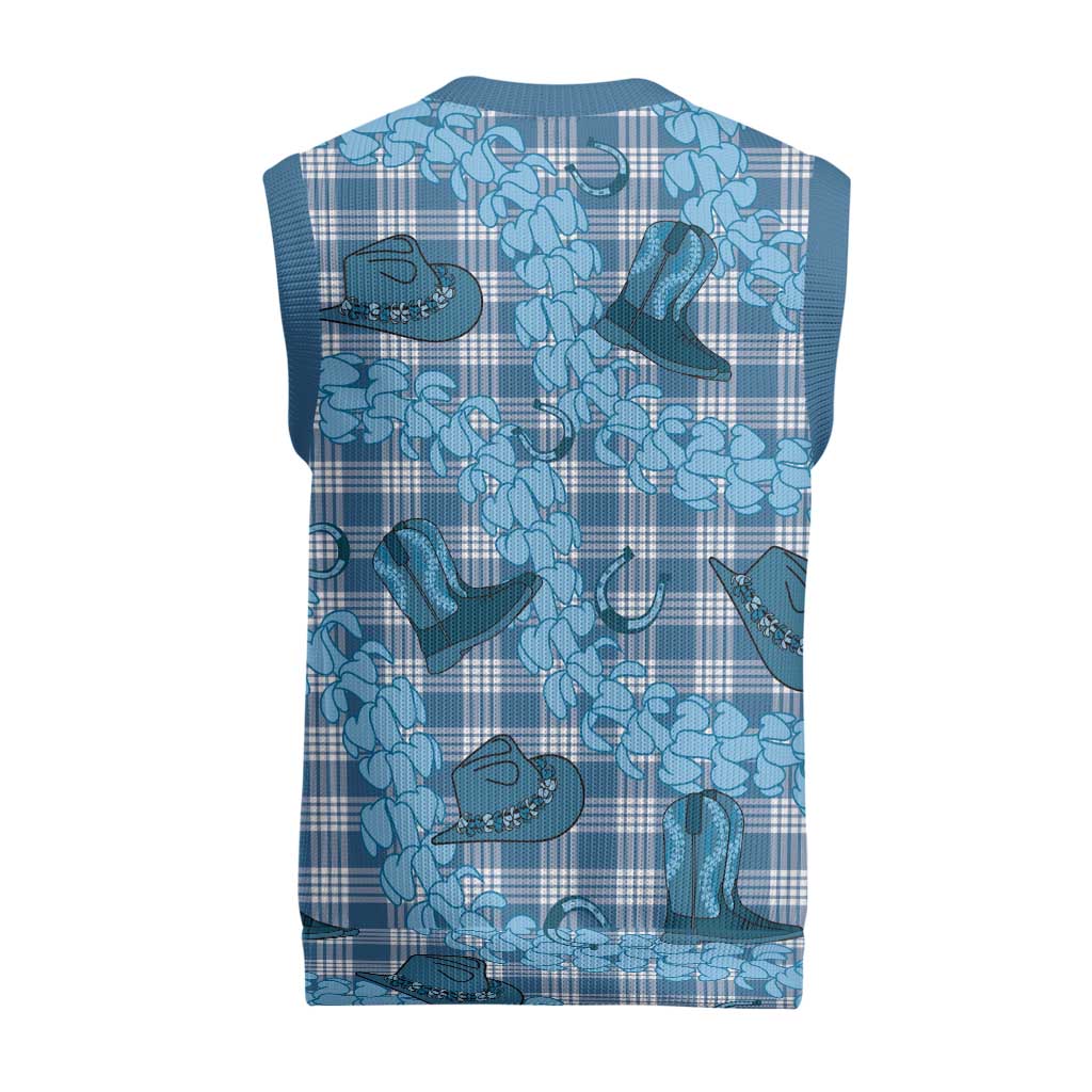Cyan Palaka Hawaii Cowboy Christmas Knitted V-Neck Vest Puakenikeni Lei Paniolo Papale Seamless Vibes - Polynesian Pride