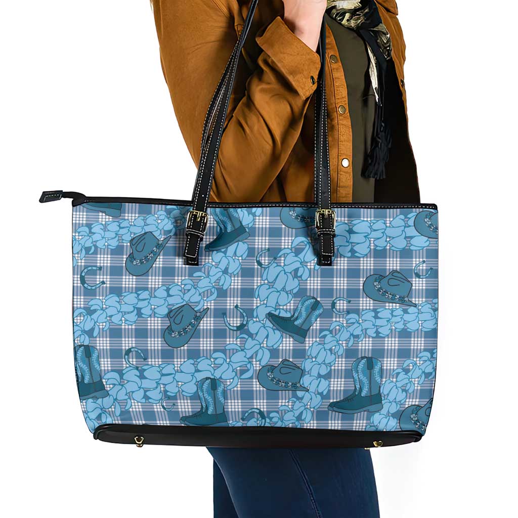 Cyan Palaka Hawaii Cowboy Leather Tote Bag Puakenikeni Lei Paniolo Papale Seamless Vibes - Polynesian Pride