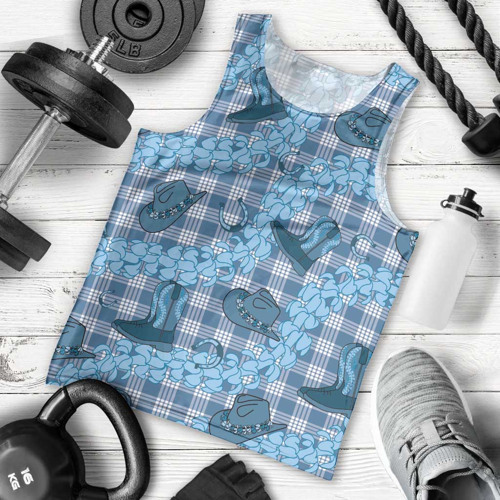 Cyan Palaka Hawaii Cowboy Men Tank Top Puakenikeni Lei Paniolo Papale Seamless Vibes - Polynesian Pride