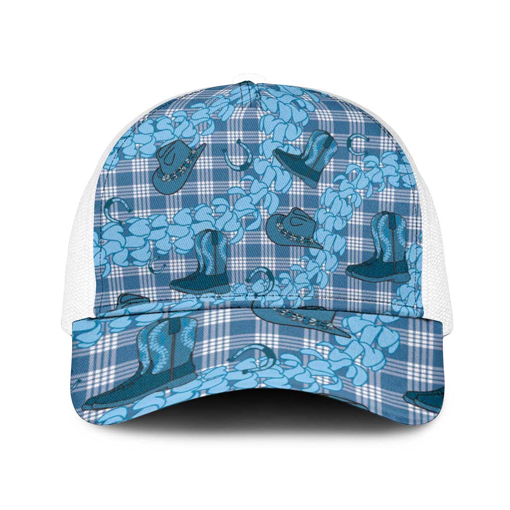 Cyan Palaka Hawaii Cowboy Mesh Trucker Cap Puakenikeni Lei Paniolo Papale Seamless Vibes - Polynesian Pride