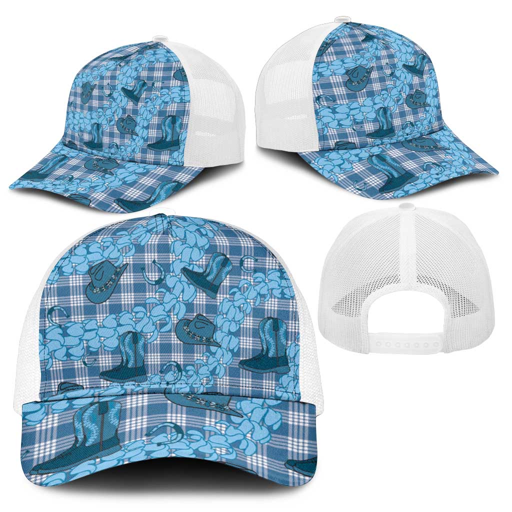 Cyan Palaka Hawaii Cowboy Mesh Trucker Cap Puakenikeni Lei Paniolo Papale Seamless Vibes - Polynesian Pride