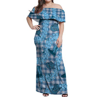 Cyan Palaka Hawaii Cowboy Off Shoulder Maxi Dress Puakenikeni Lei Paniolo Papale Seamless Vibes LT14 Women Cyan - Polynesian Pride