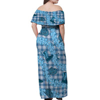 Cyan Palaka Hawaii Cowboy Off Shoulder Maxi Dress Puakenikeni Lei Paniolo Papale Seamless Vibes LT14 - Polynesian Pride