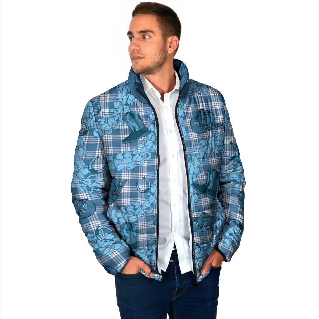 Cyan Palaka Hawaii Cowboy Padded Jacket Puakenikeni Lei Paniolo Papale Seamless Vibes - Polynesian Pride