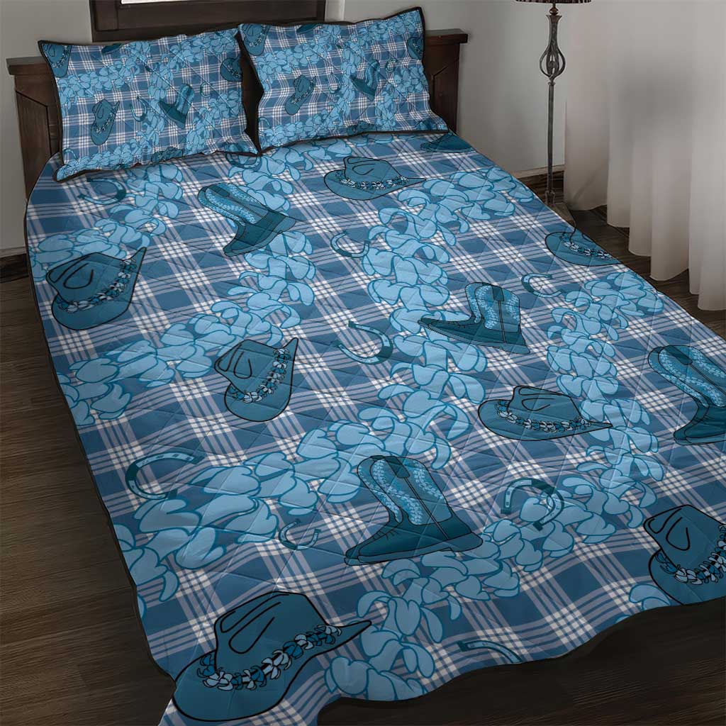 Cyan Palaka Hawaii Cowboy Quilt Bed Set Puakenikeni Lei Paniolo Papale Seamless Vibes - Polynesian Pride