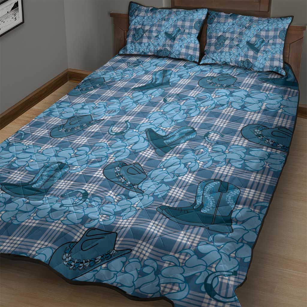 Cyan Palaka Hawaii Cowboy Quilt Bed Set Puakenikeni Lei Paniolo Papale Seamless Vibes - Polynesian Pride