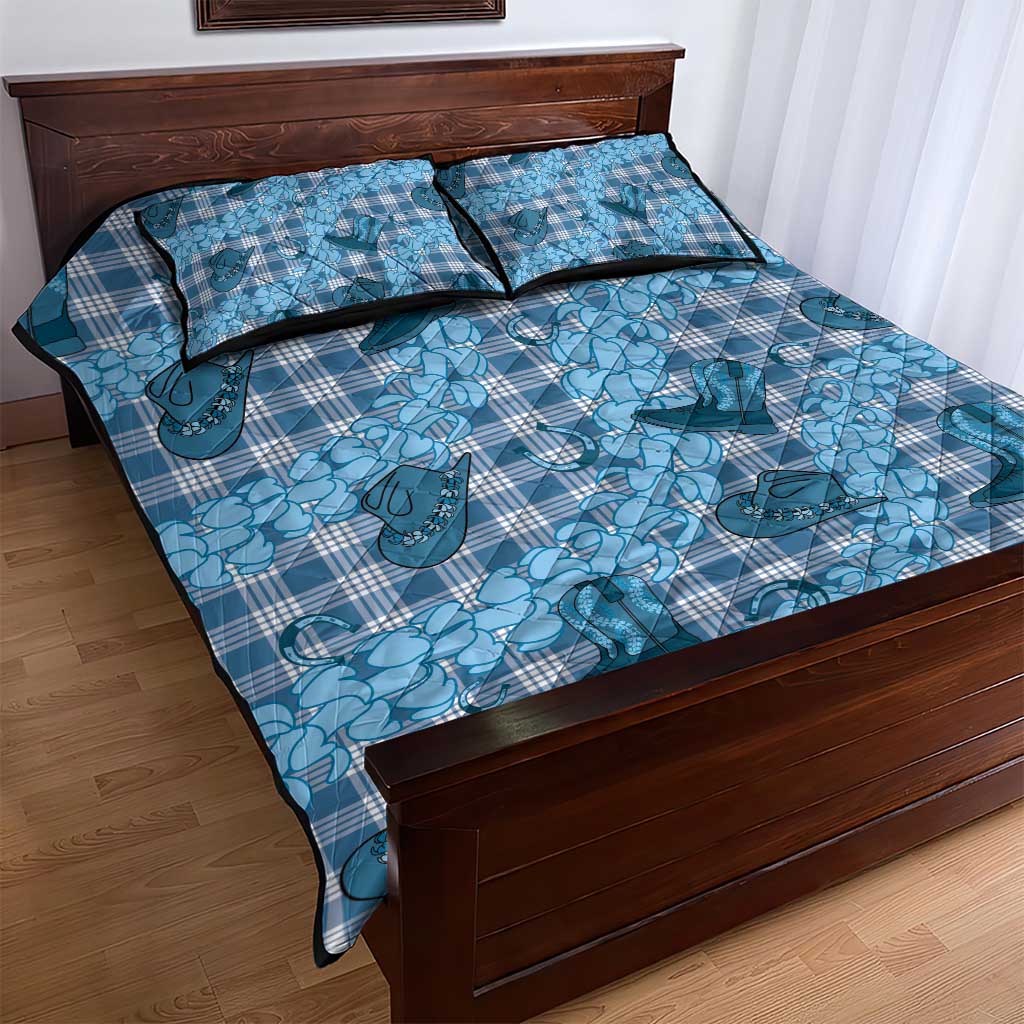 Cyan Palaka Hawaii Cowboy Quilt Bed Set Puakenikeni Lei Paniolo Papale Seamless Vibes - Polynesian Pride